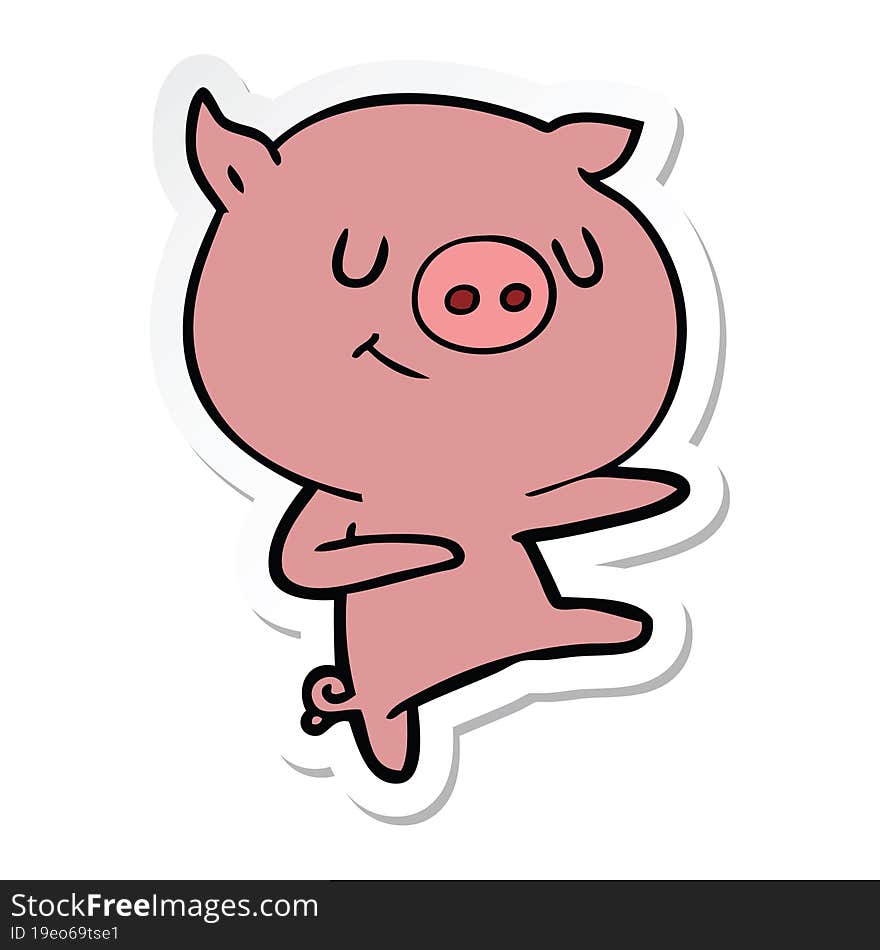 sticker of a happy cartoon pig dancing