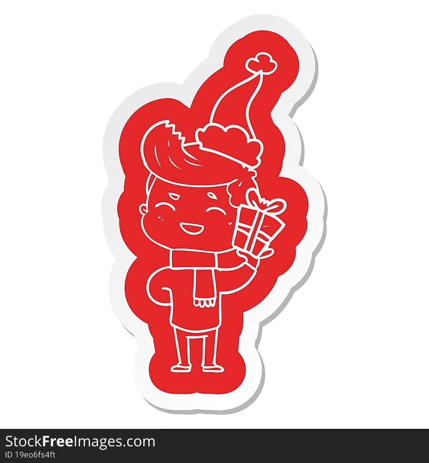 cartoon  sticker of a man laughing wearing santa hat