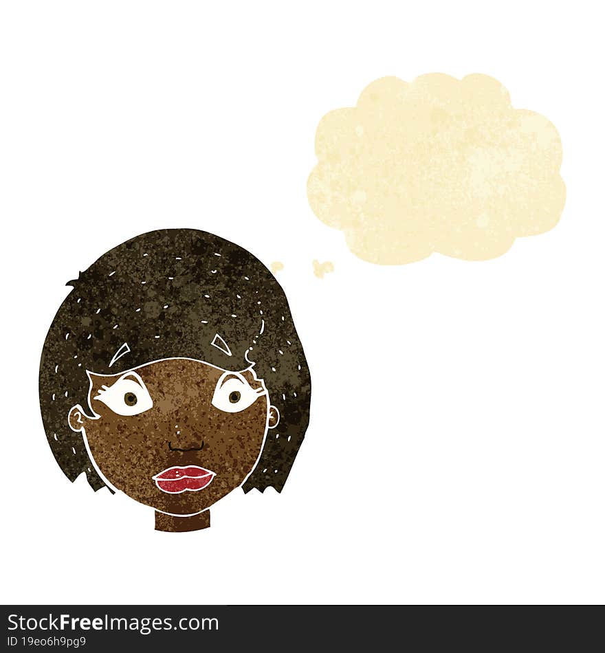 cartoon worried female face with thought bubble