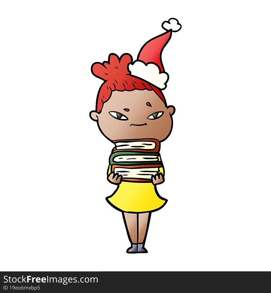 hand drawn gradient cartoon of a woman wearing santa hat