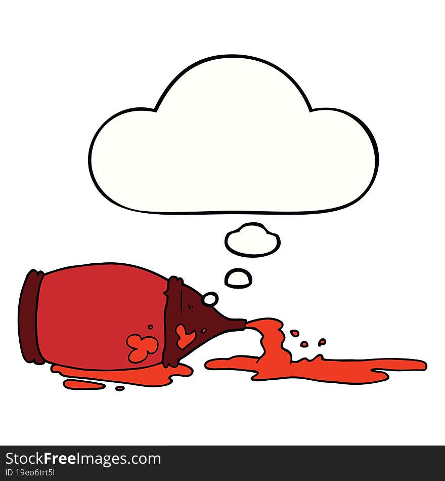 cartoon spilled ketchup bottle and thought bubble