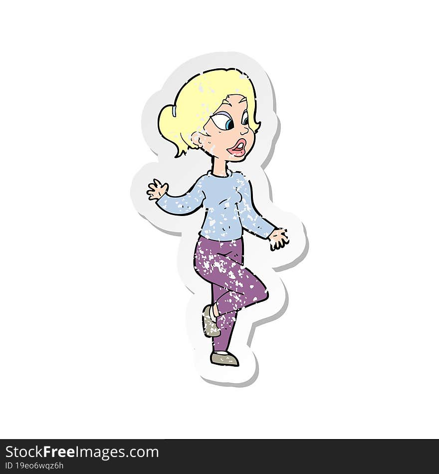 retro distressed sticker of a cartoon friendly woman waving