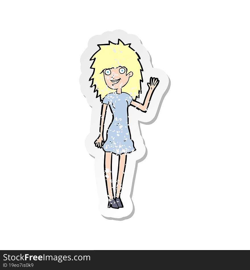 retro distressed sticker of a cartoon happy woman waving