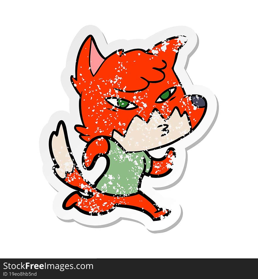 distressed sticker of a clever cartoon fox