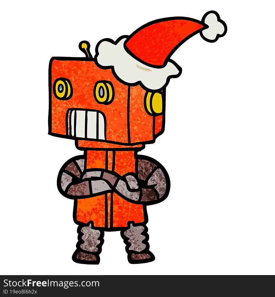 textured cartoon of a robot wearing santa hat