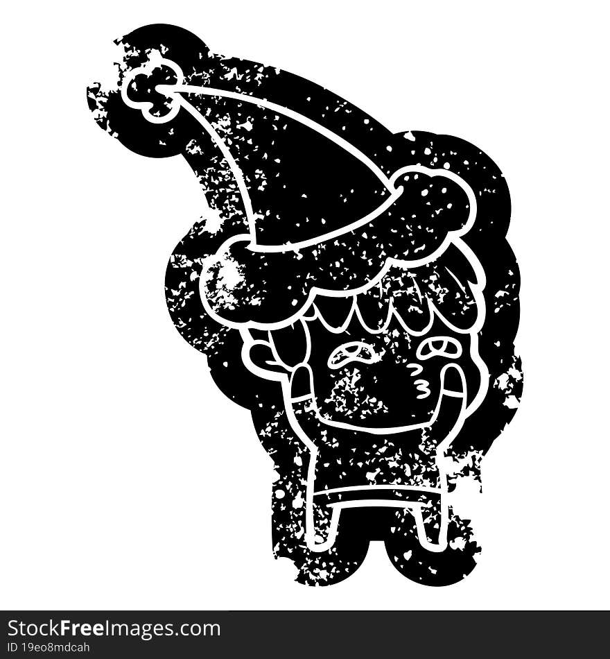 cartoon distressed icon of a curious man wearing santa hat