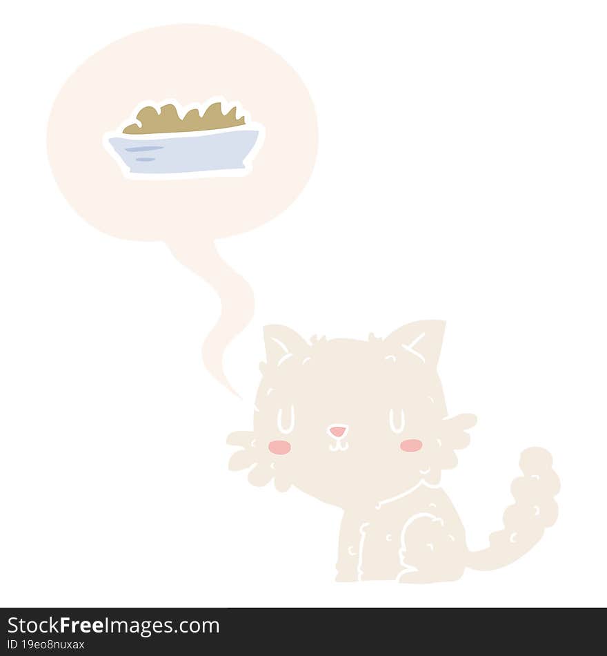 cute cartoon cat and food and speech bubble in retro style