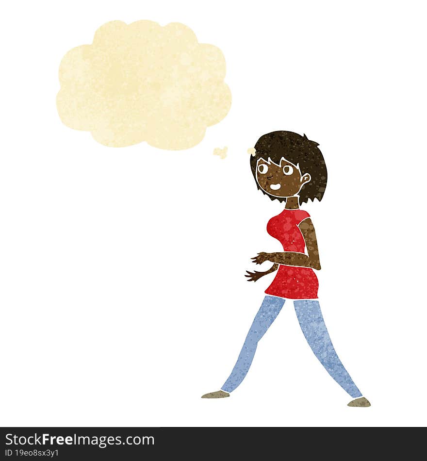 cartoon woman walking with thought bubble