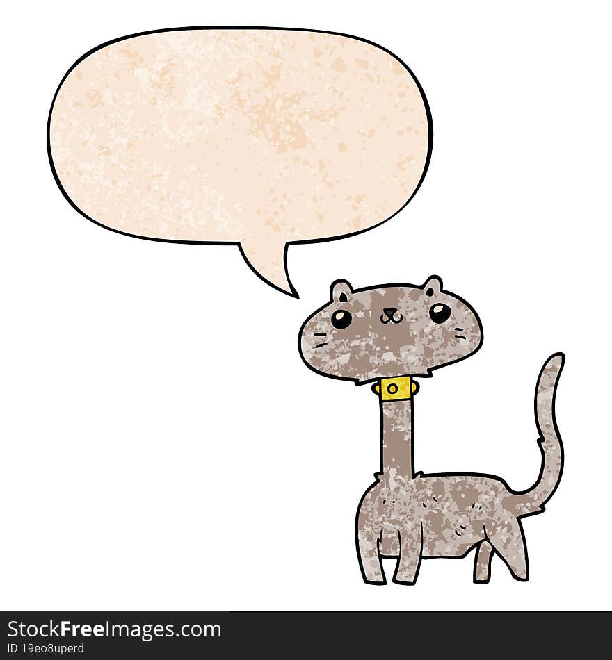 cartoon cat and speech bubble in retro texture style