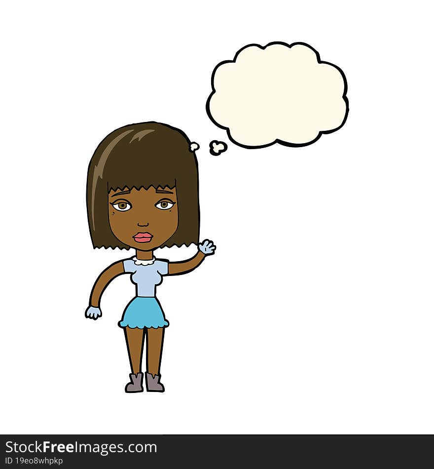 cartoon waving woman with thought bubble