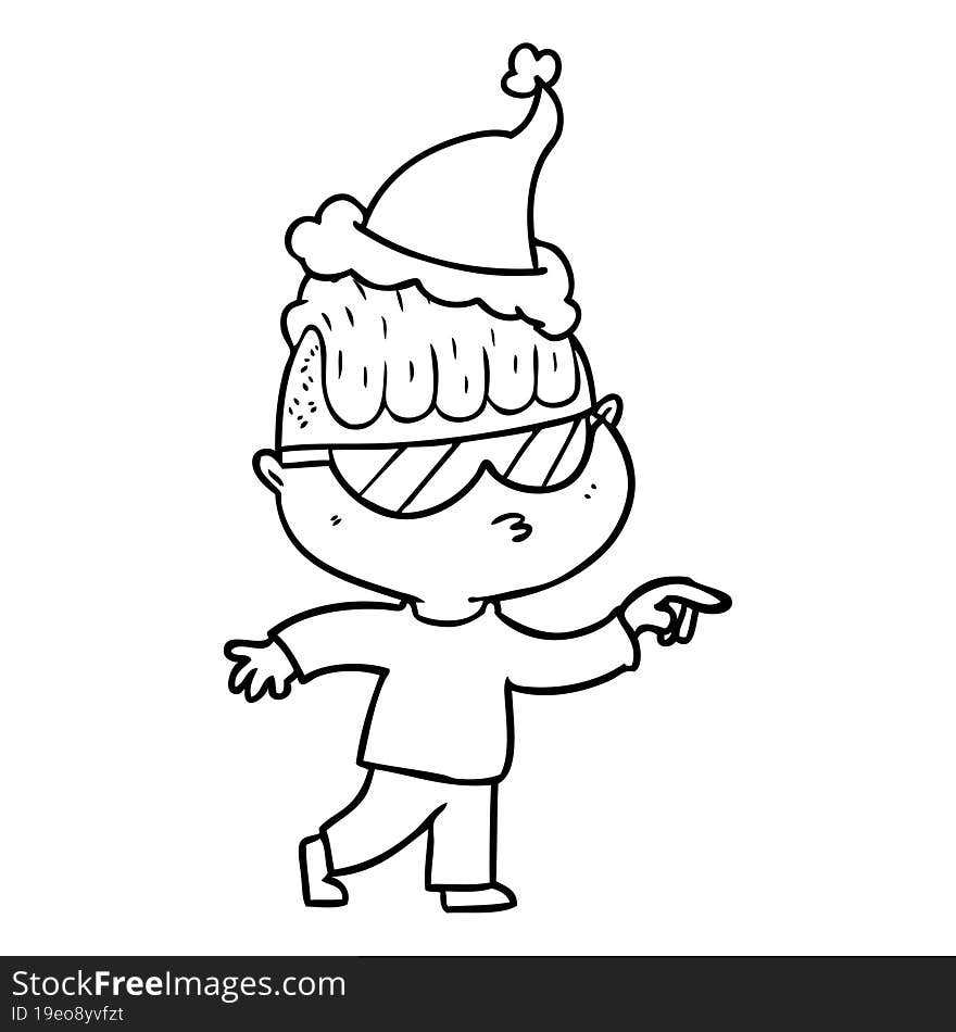 hand drawn line drawing of a boy wearing sunglasses pointing wearing santa hat