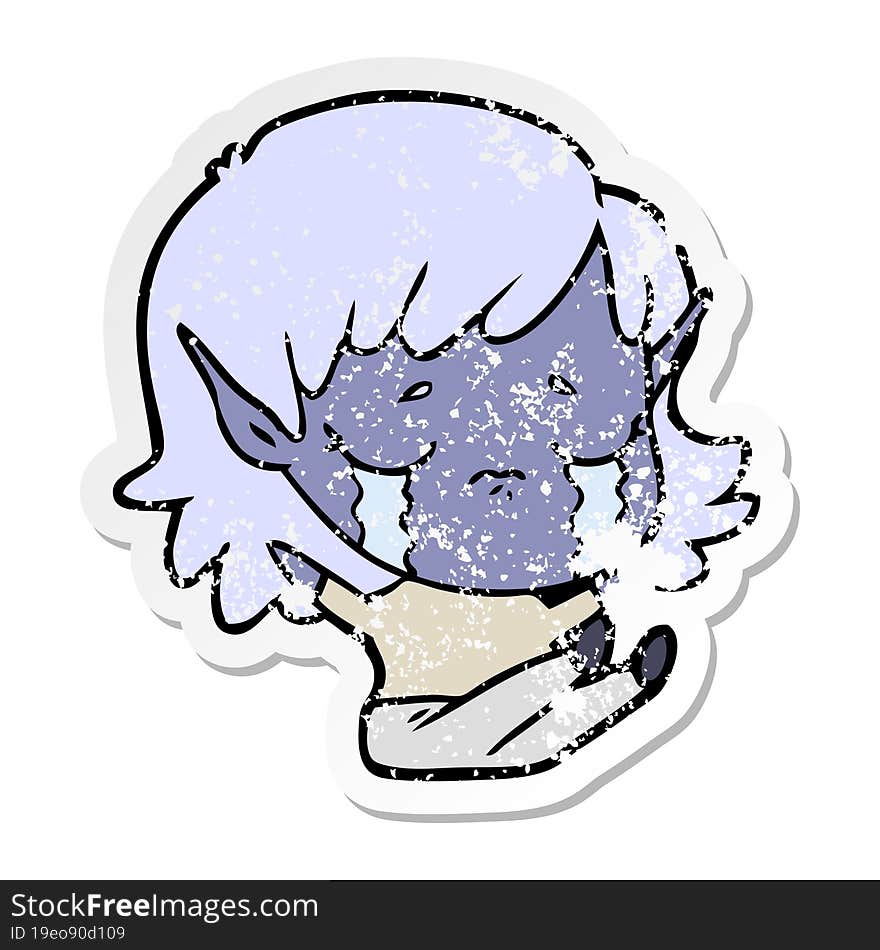 distressed sticker of a cartoon crying elf girl