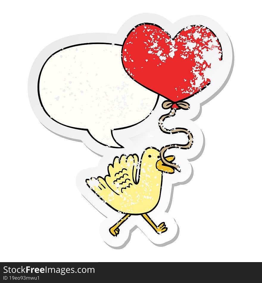 Cartoon Bird And Heart Balloon And Speech Bubble Distressed Sticker