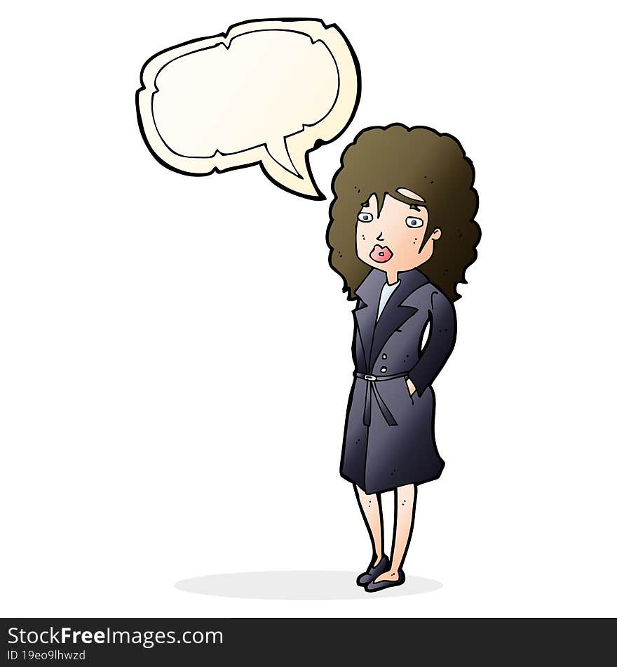 Cartoon Woman In Trench Coat With Speech Bubble