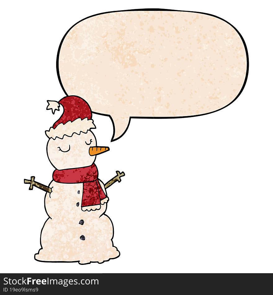 cartoon snowman and speech bubble in retro texture style