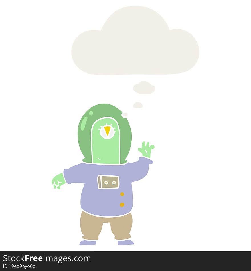 cartoon space alien with thought bubble in retro style