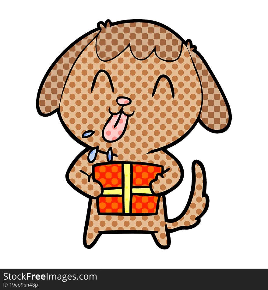 cute cartoon dog with christmas present. cute cartoon dog with christmas present