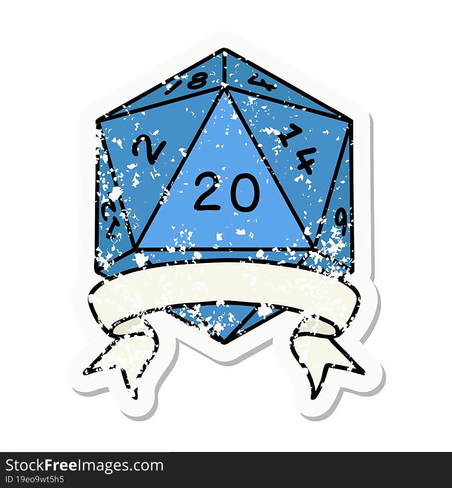 grunge sticker of a natural 20 critical hit D20 dice roll. grunge sticker of a natural 20 critical hit D20 dice roll