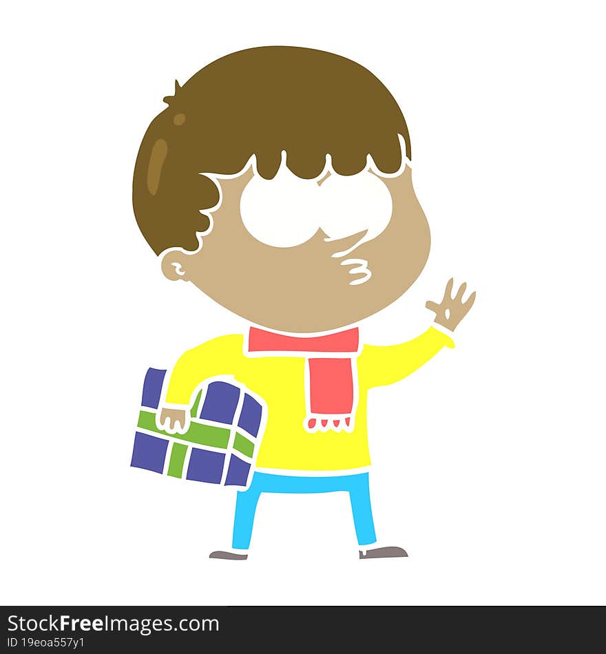 flat color style cartoon curious boy carrying a gift