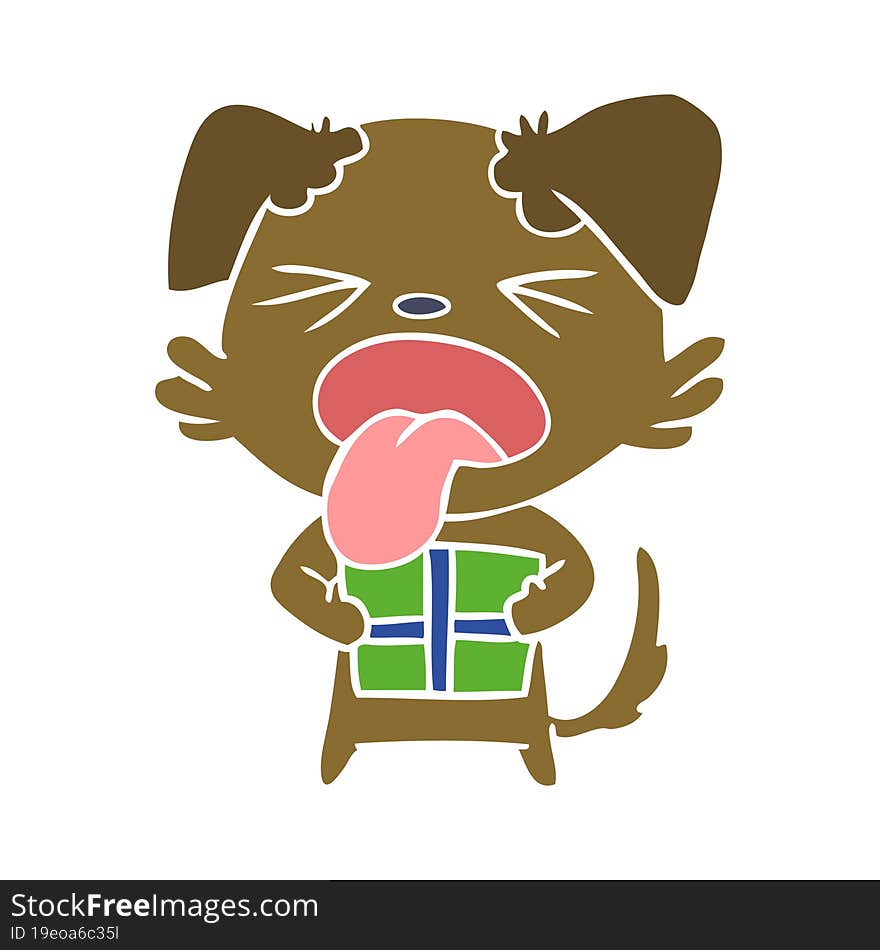 flat color style cartoon dog with christmas present