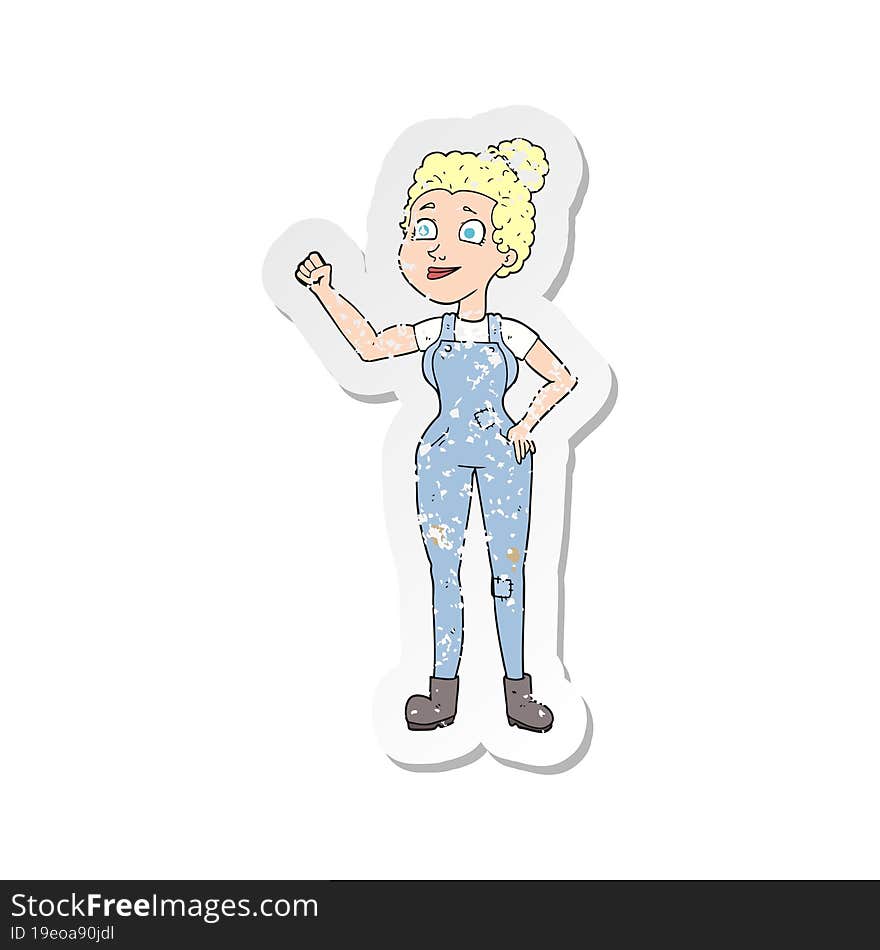 retro distressed sticker of a cartoon woman in dungarees