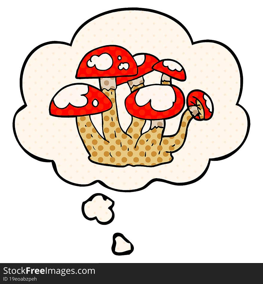 cartoon mushrooms with thought bubble in comic book style