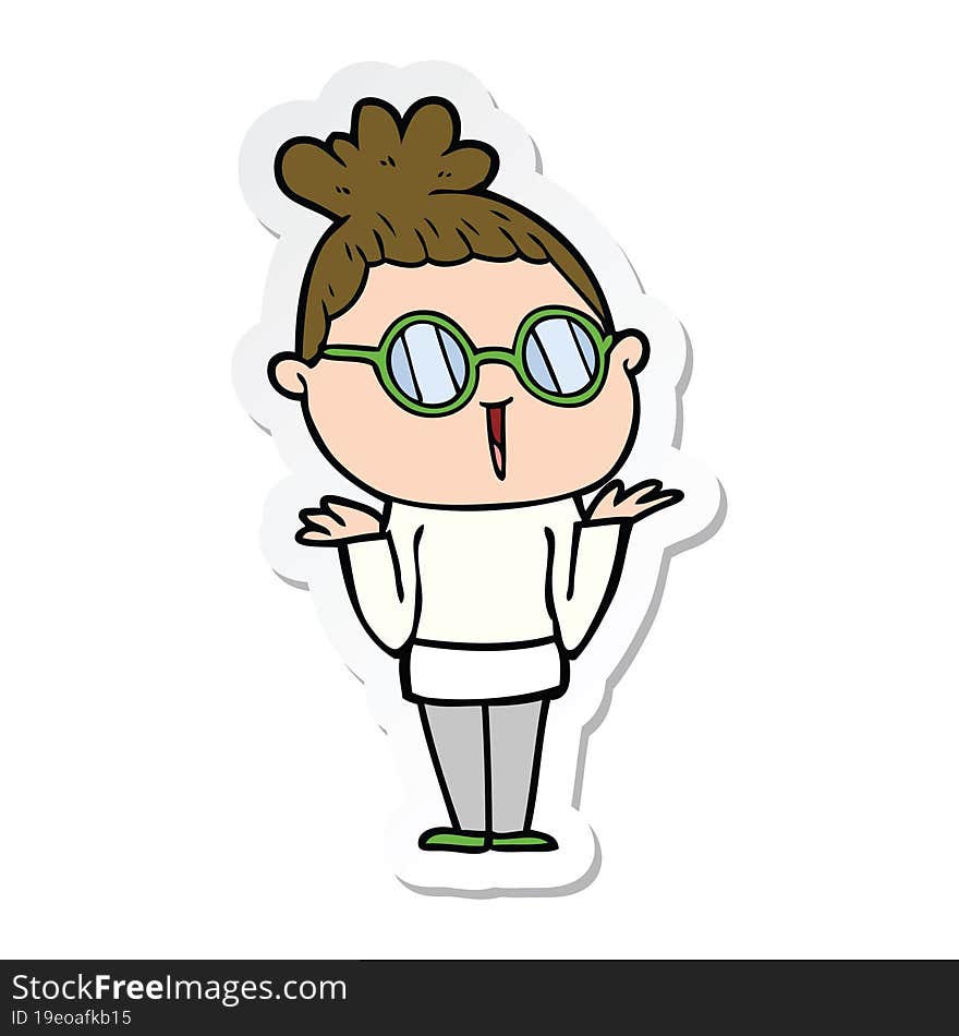 sticker of a cartoon shrugging woman wearing spectacles