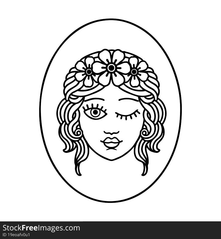 black line tattoo of a maiden with crown of flowers winking