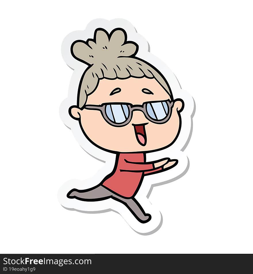 sticker of a cartoon happy woman wearing spectacles