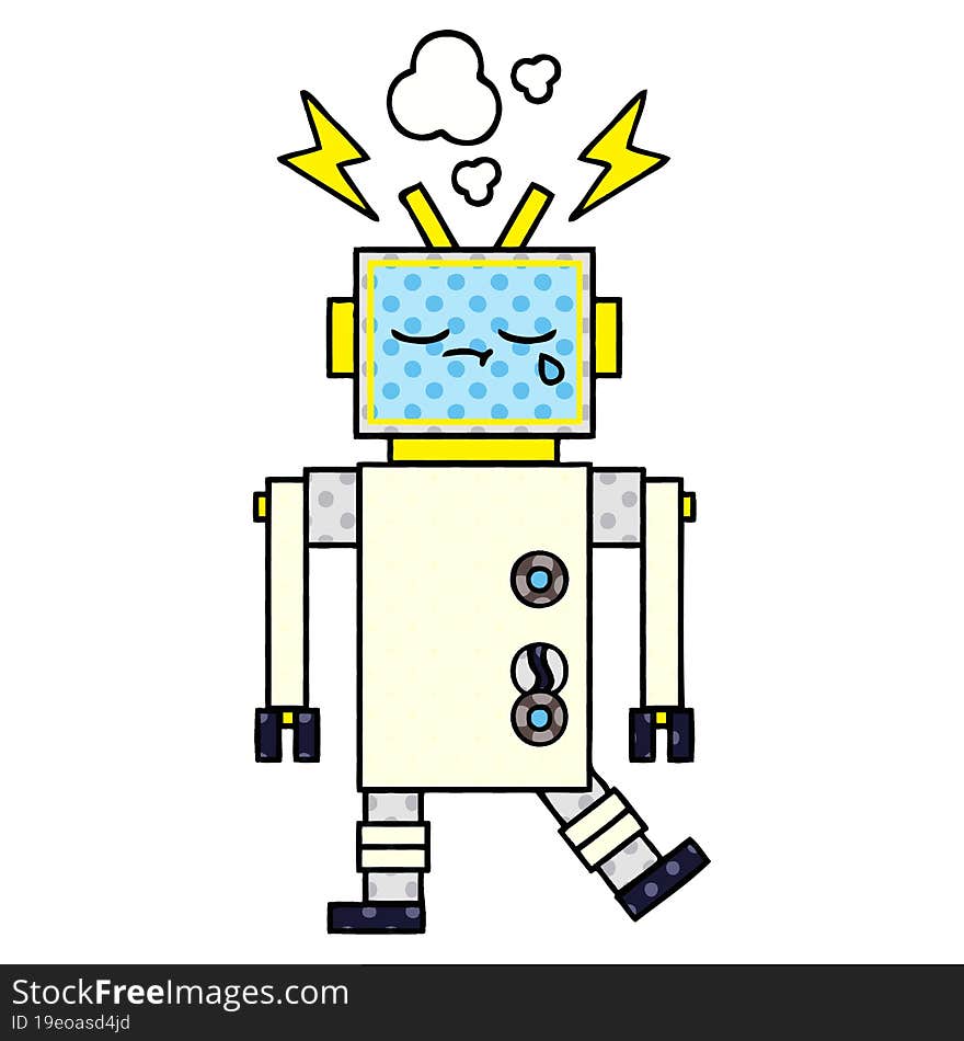 comic book style cartoon of a crying robot