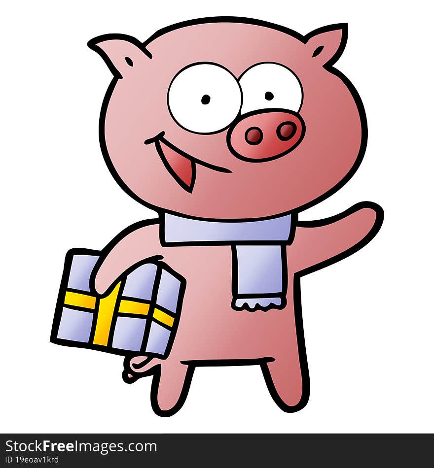 cheerful pig with christmas gift. cheerful pig with christmas gift