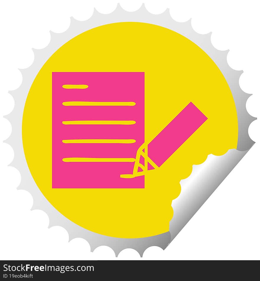 circular peeling sticker cartoon of writing a document