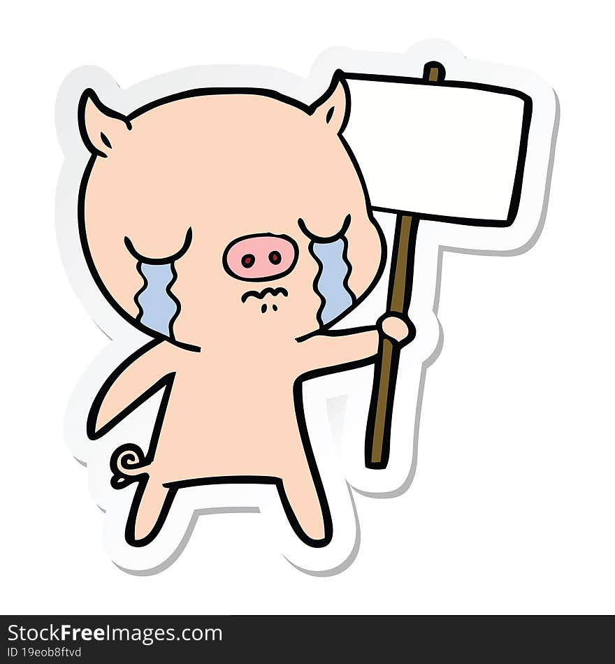 sticker of a cartoon crying pig with sign post