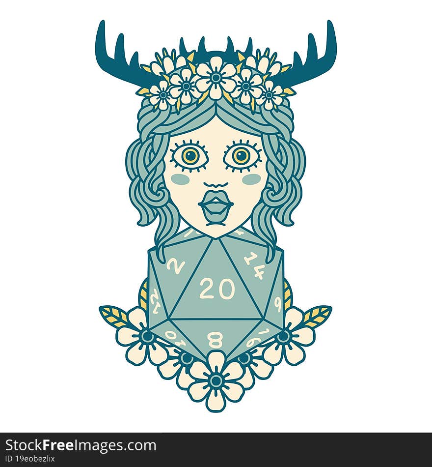 Human Druid With Natural Twenty Dice Roll Illustration