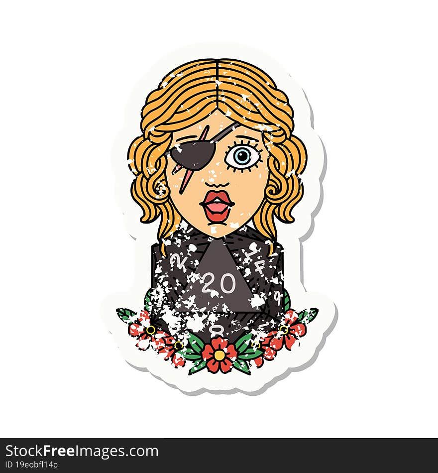 grunge sticker of a human rogue with natural twenty dice roll. grunge sticker of a human rogue with natural twenty dice roll