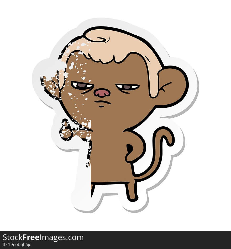 distressed sticker of a cartoon annoyed monkey