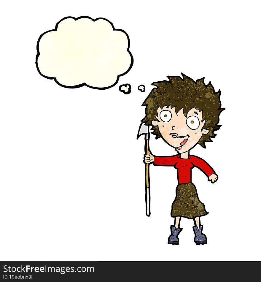 cartoon crazy woman with spear with thought bubble