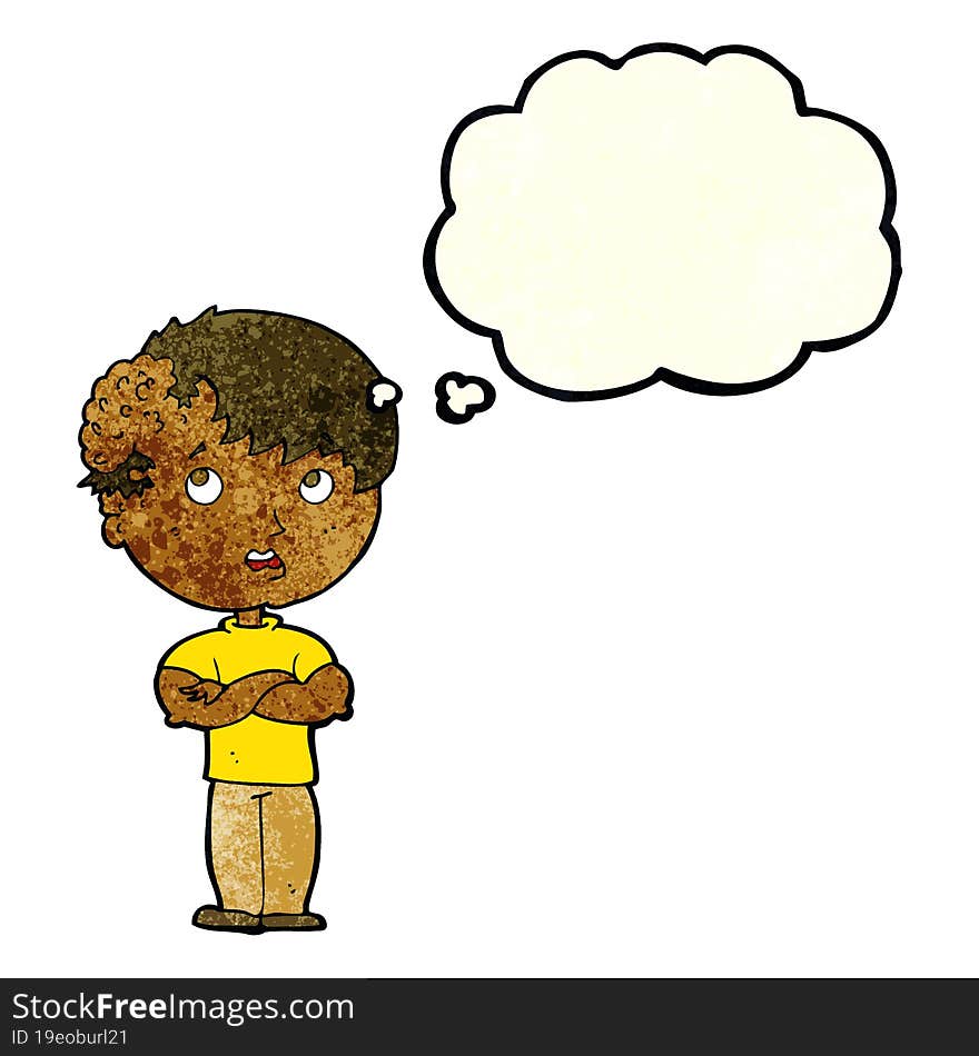 cartoon boy with growth on head with thought bubble