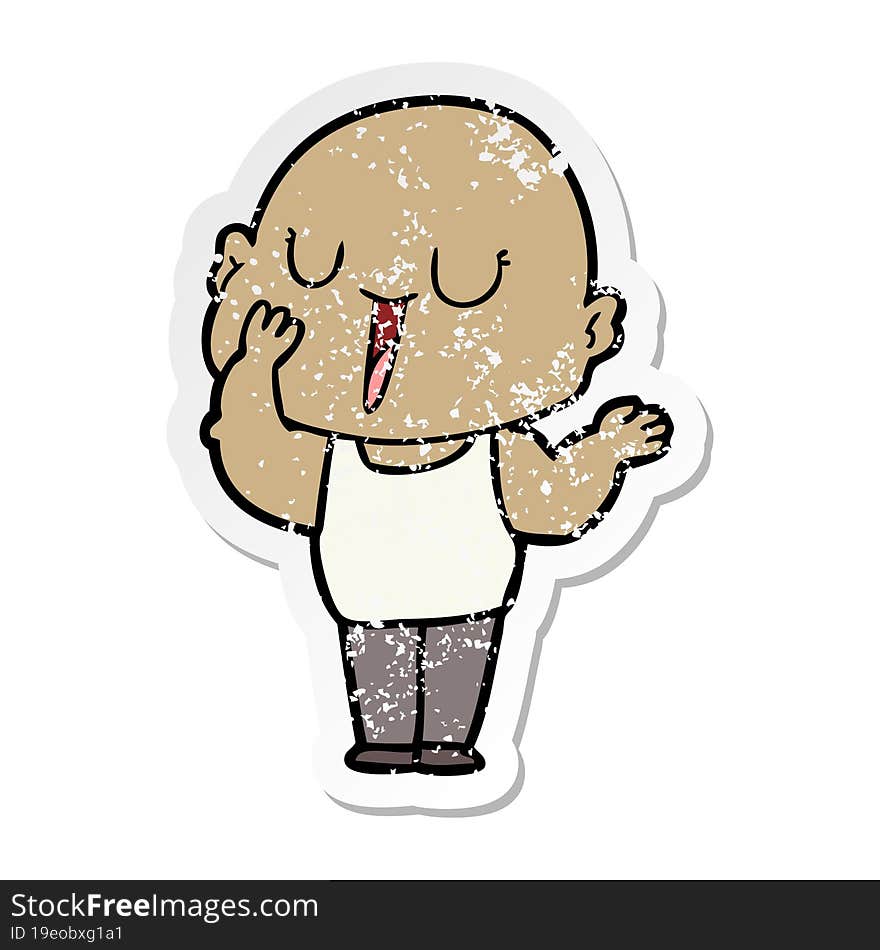 distressed sticker of a happy cartoon bald man yawning