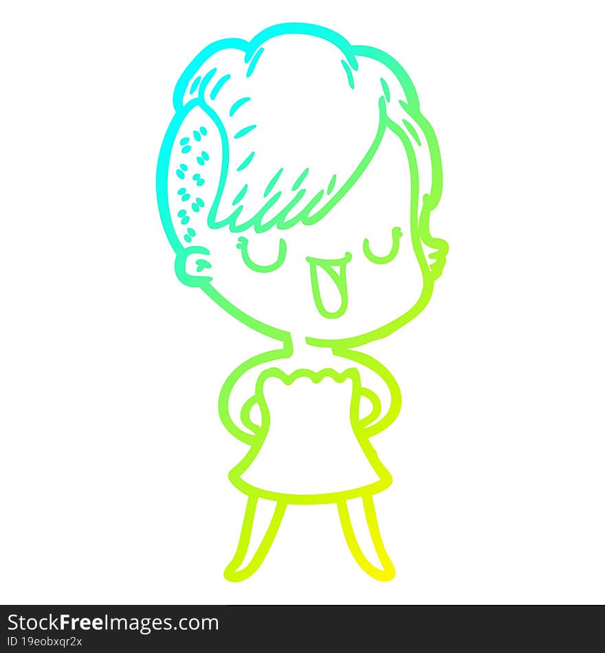 cold gradient line drawing of a cute cartoon girl with hipster haircut