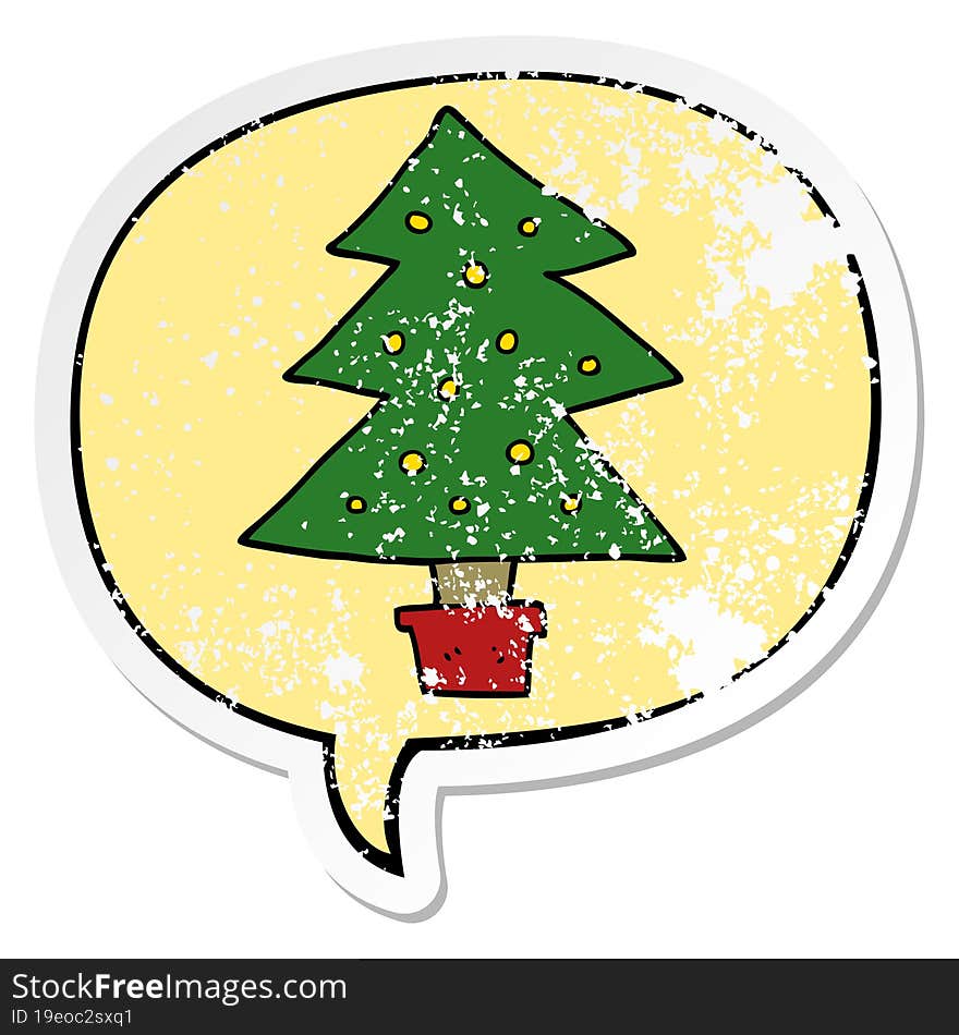 cartoon christmas tree and speech bubble distressed sticker