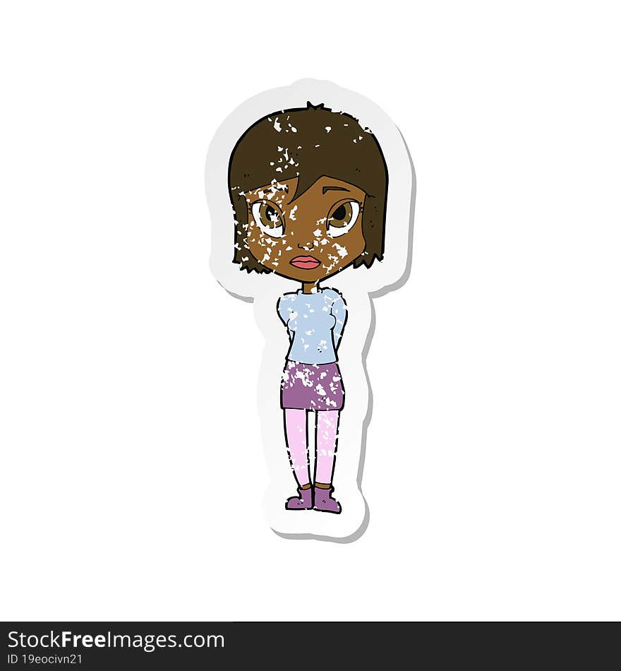 retro distressed sticker of a cartoon shy girl