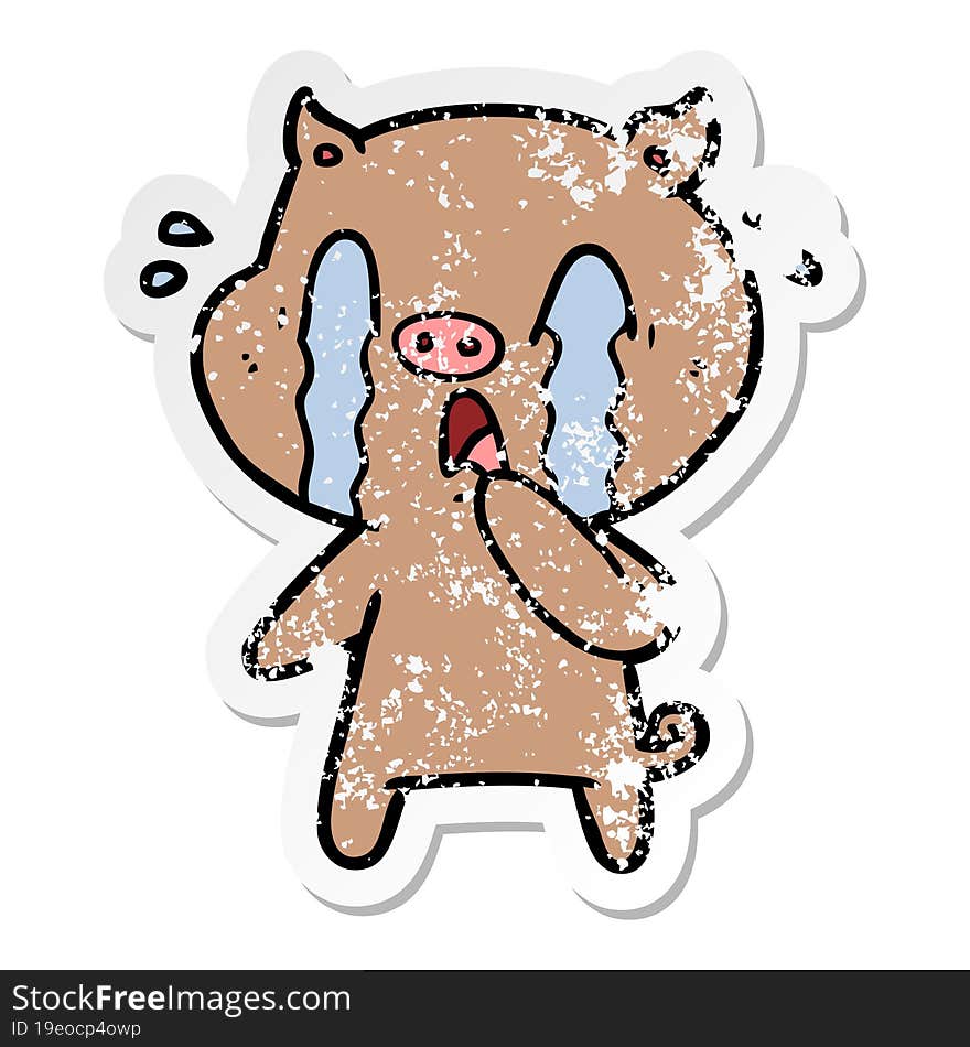 Distressed Sticker Of A Crying Pig Cartoon