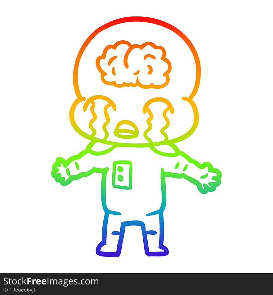 rainbow gradient line drawing cartoon big brain alien crying