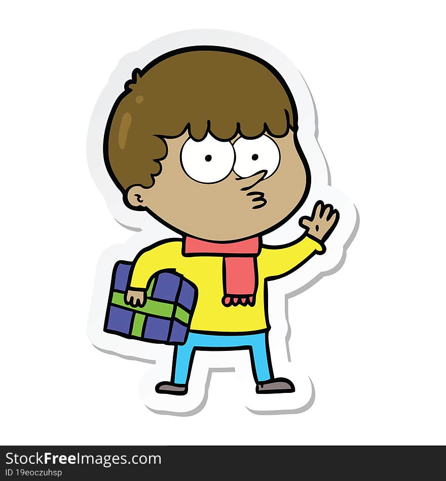 Sticker Of A Cartoon Curious Boy Carrying A Gift