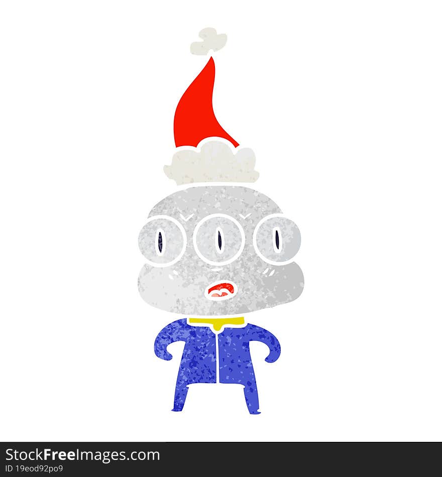 Retro Cartoon Of A Three Eyed Alien Wearing Santa Hat