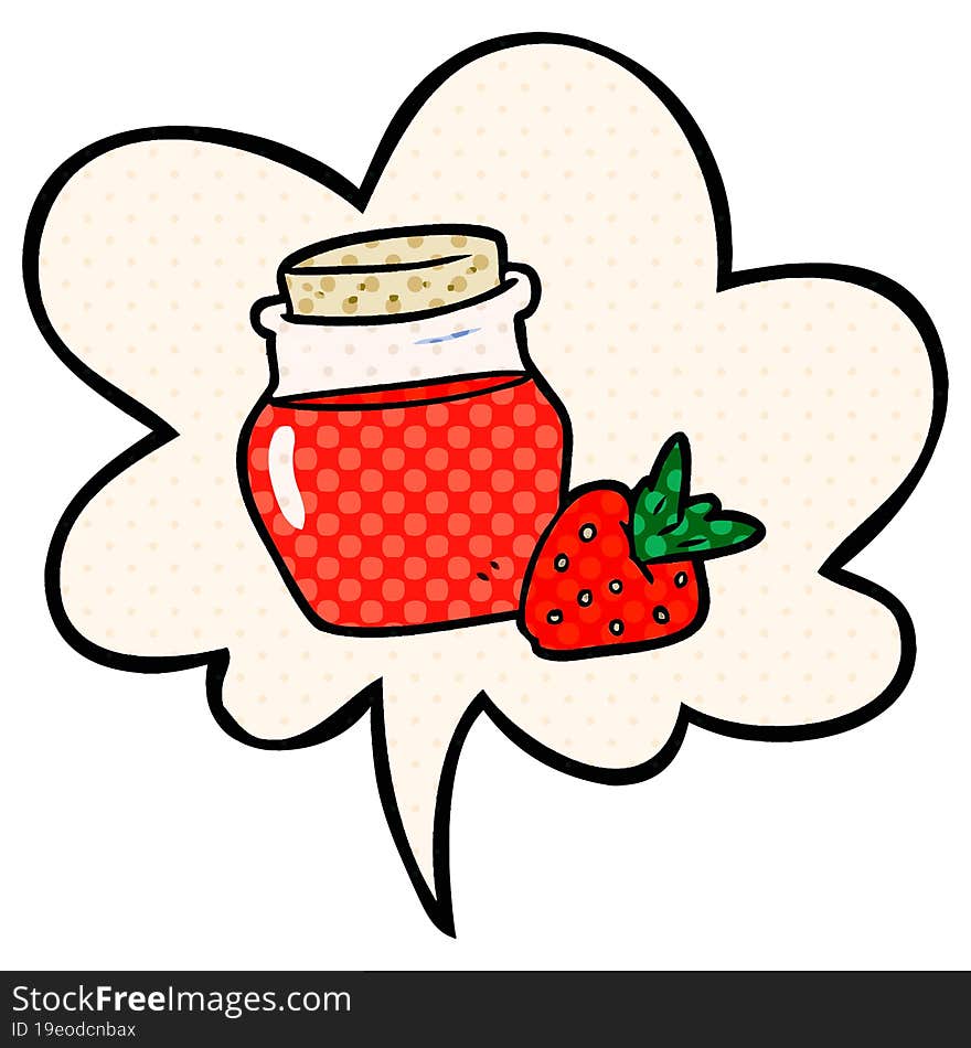 cartoon jar of strawberry jam and speech bubble in comic book style