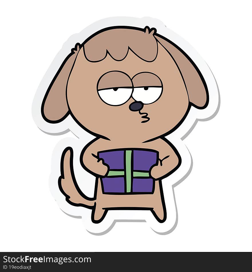 Sticker Of A Cartoon Bored Dog With Christmas Present