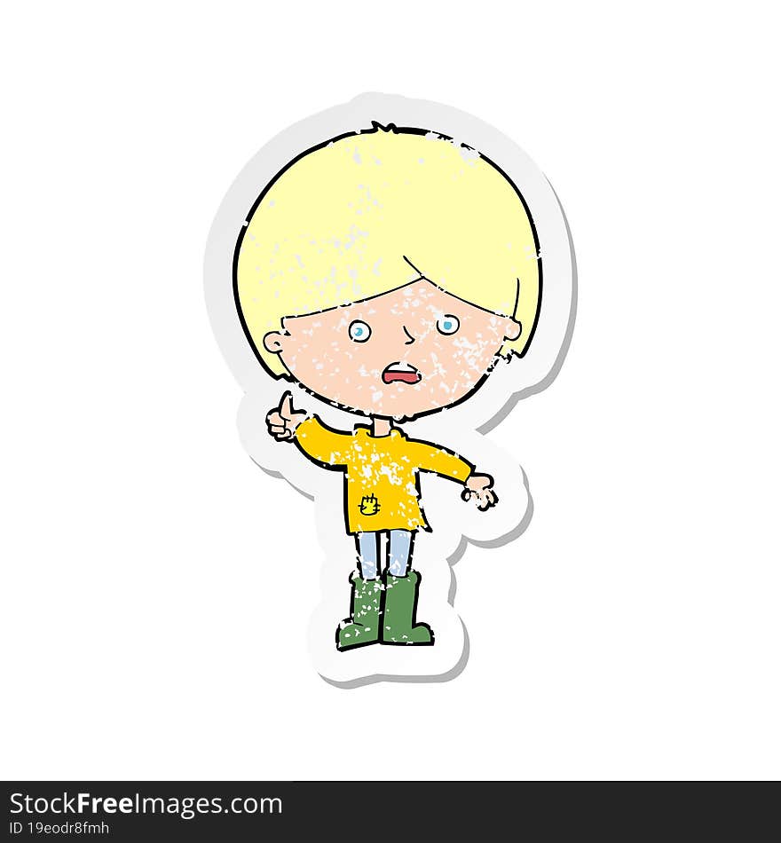 retro distressed sticker of a cartoon unhappy boy