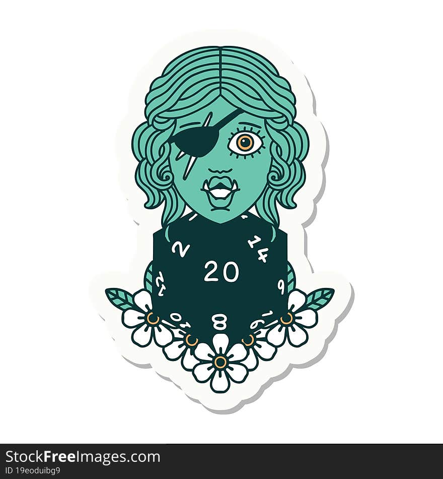 half orc rogue with natural twenty dice roll sticker